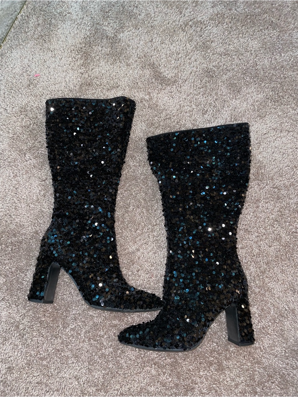 Women’s Black Sequin Mid-Calf Block Heel Boots